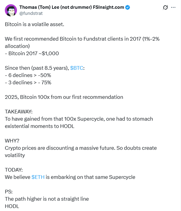 Tom Lee Thinks Ethereum (ETH) Is on the Verge of a Bitcoin-Level Supercycle