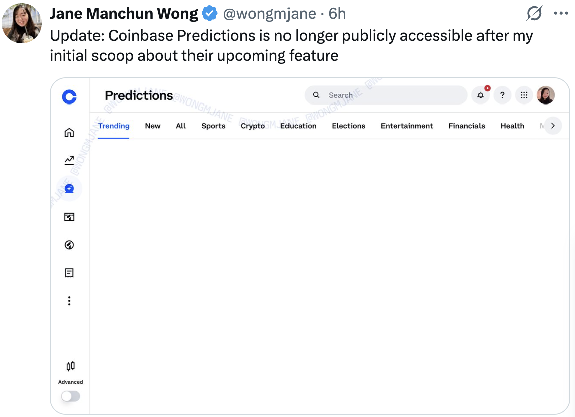 Coinbase Predictions removed