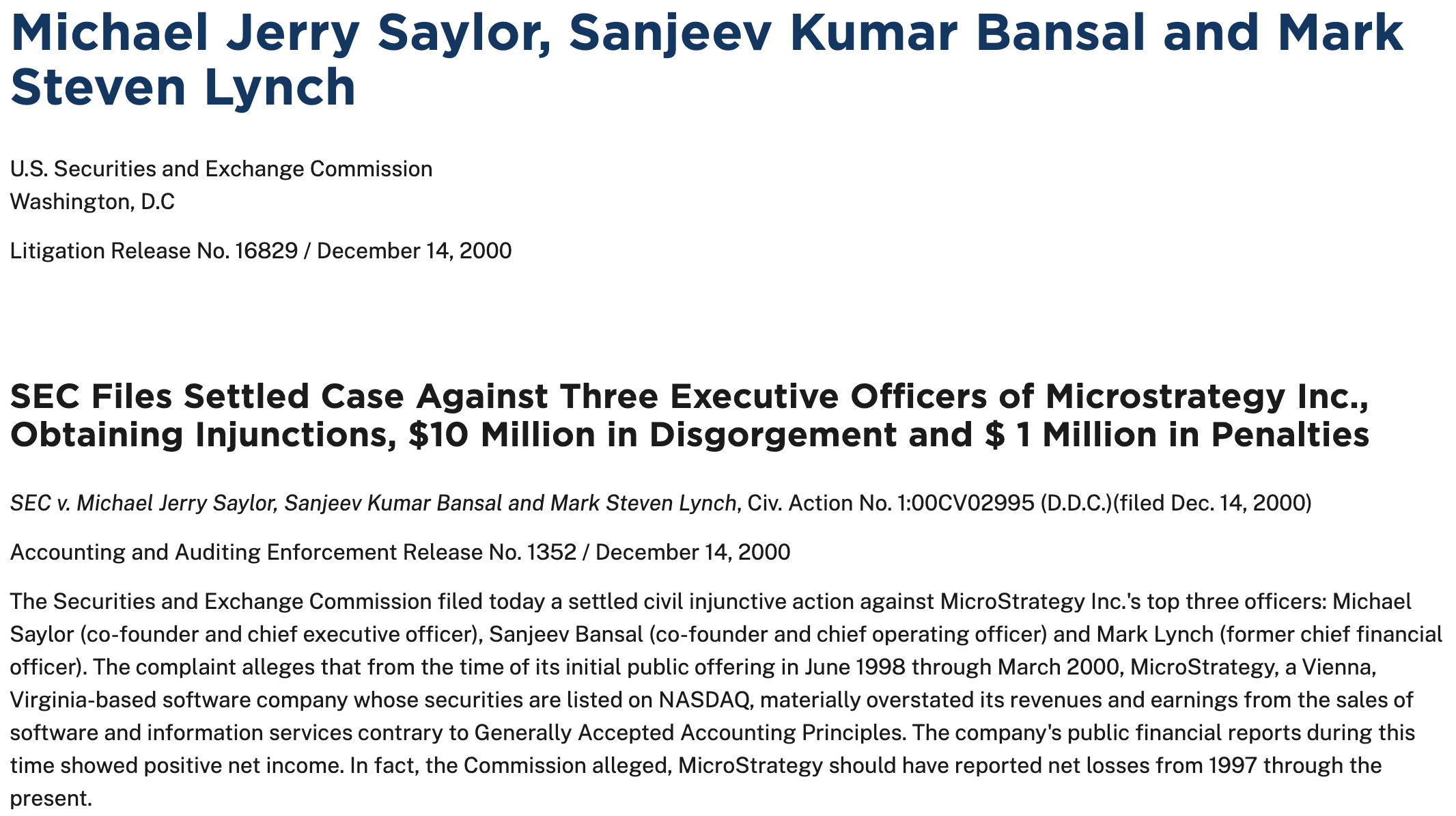 Michael Jerry Saylor, Sanjeev Kumar Bansal and Mark Steven Lynch filing