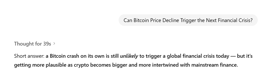 ChatGPT's response to Bitcoin causing financial crisis