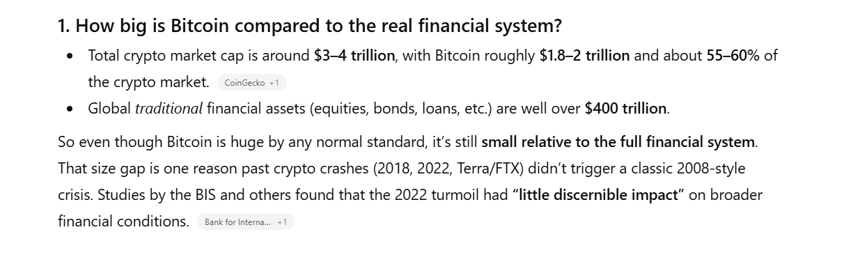 ChatGPT's response to Bitcoin causing financial crisis