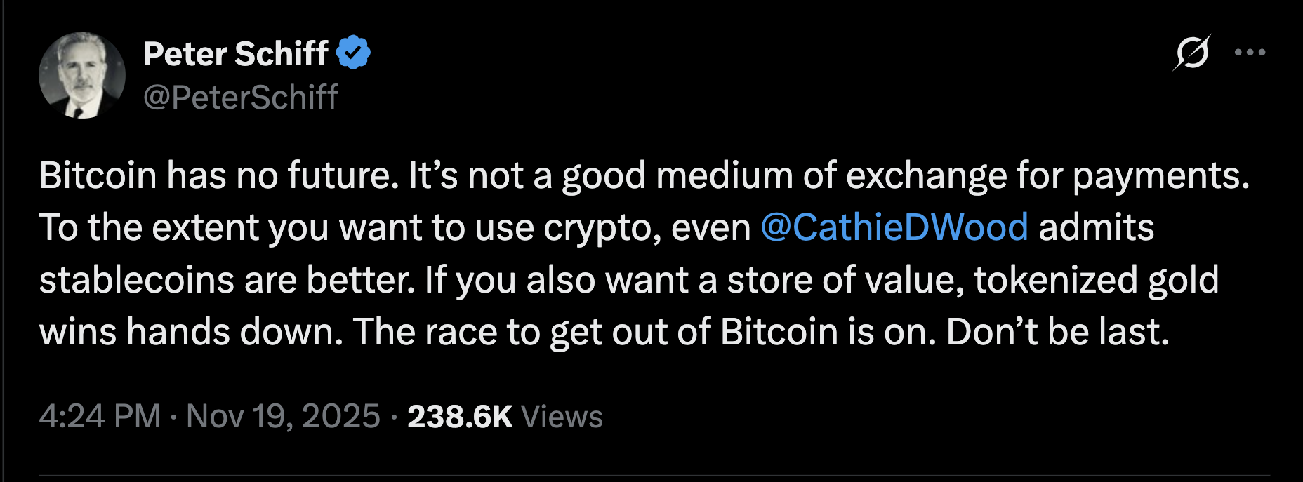 Peter Schiff is a long-time hater of Bitcoin | Source: X