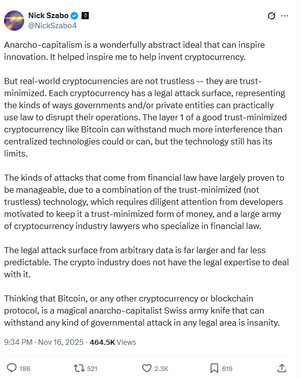 Nick Szabo warns bitcoin is not safe from legal pressure