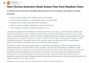 A malicious Chrome extension is stealthily siphoning fees from users trading on the Raydium exchange.