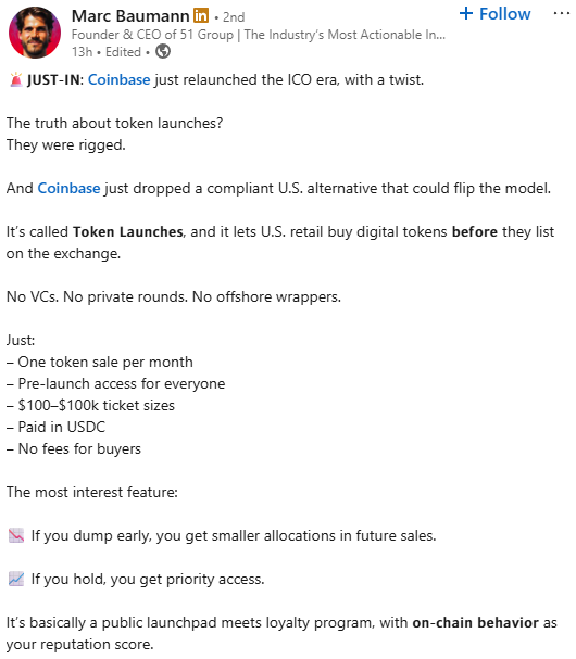 Marc Baunmann post on Coinbase's new platform