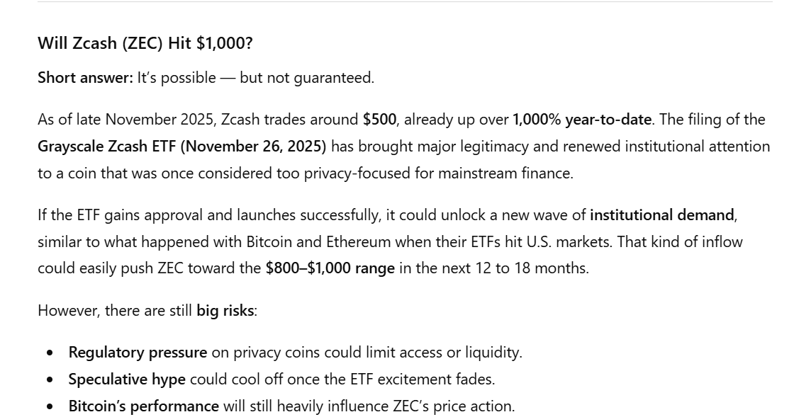 Zcash has a realistic shot at reaching $1,000 within 18 months,