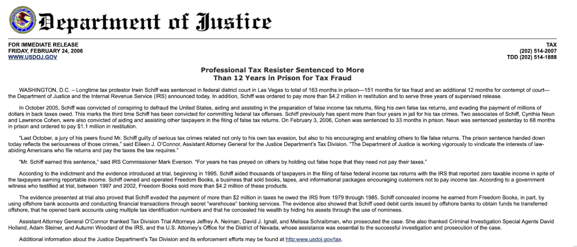 U.S. Department of Justice press release dated February 24, 2006 announcing the sentencing of Irwin Schiff, Peter Schiff’s father | Source: Department of Justice