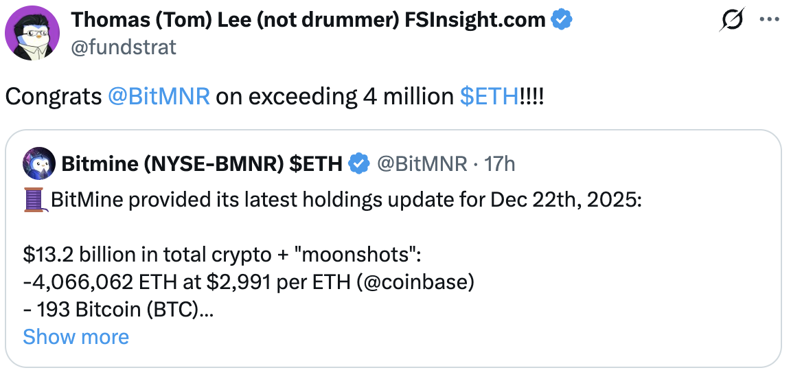 Tom Lee shares Bitmine ETH holding