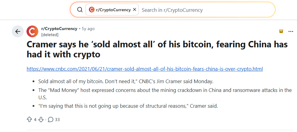 In June 2021, Cramer said he had sold most of his remaining Bitcoin 