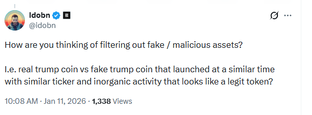 An X user questioned about malicious assets control with the Smart Cashtags feature