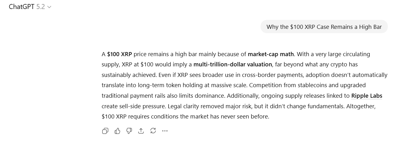ChatGPT on Why Why the $100 XRP Case Remains a High Bar