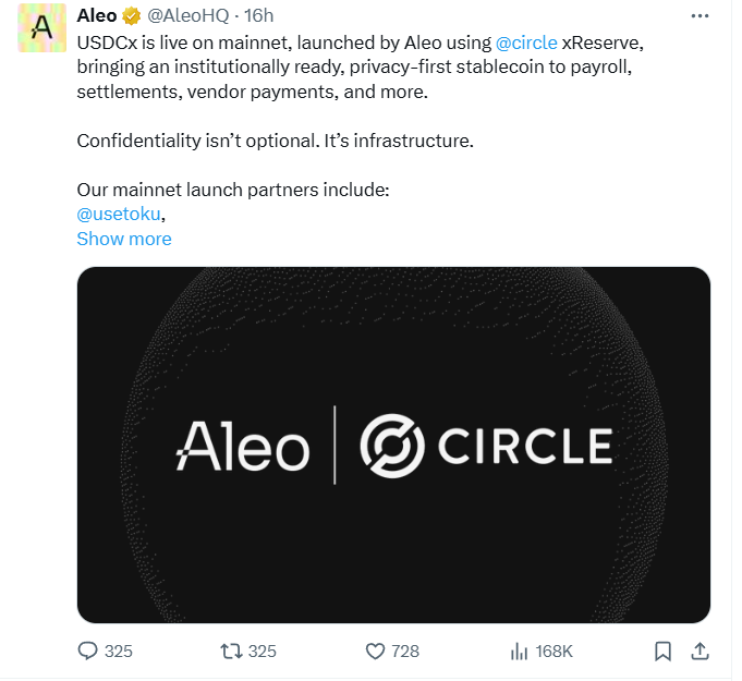 Aleo announces USDCx stablecoin live on mainnet using Circle xReserve infrastructure