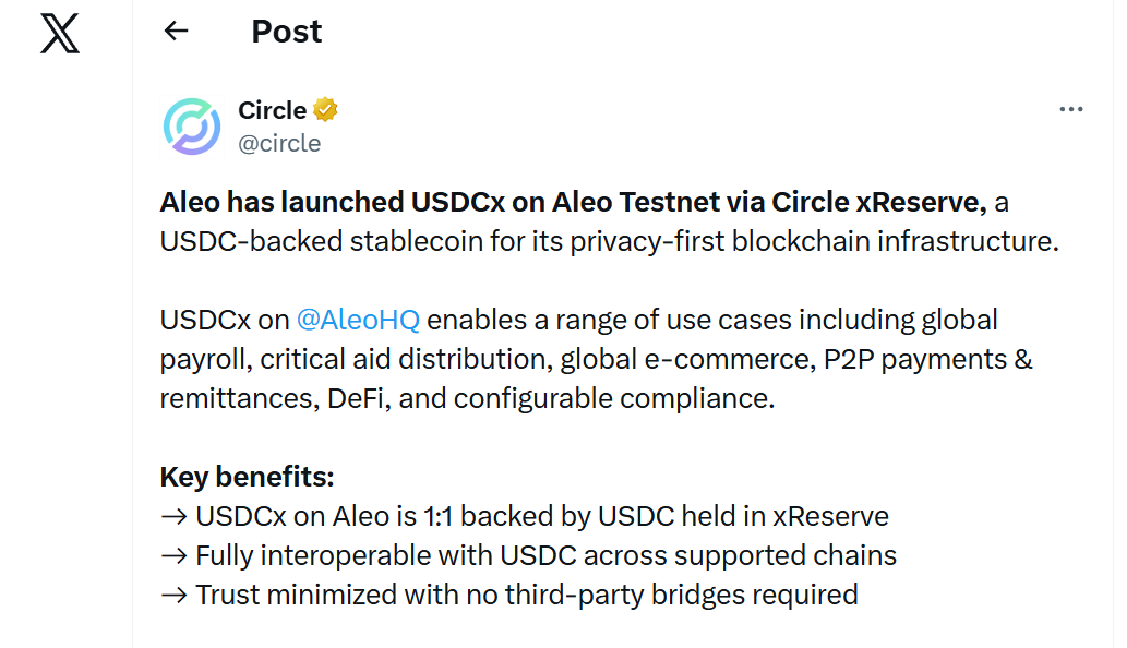 Circle announces launch of USDCx stablecoin on Aleo Testnet via xReserve