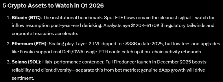 Crypto assets to watch in Q1 2026 according to Grok