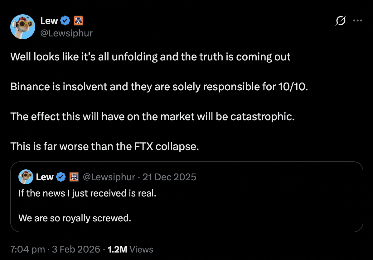 Lewsiphur's X post saying that Binance is insolvent