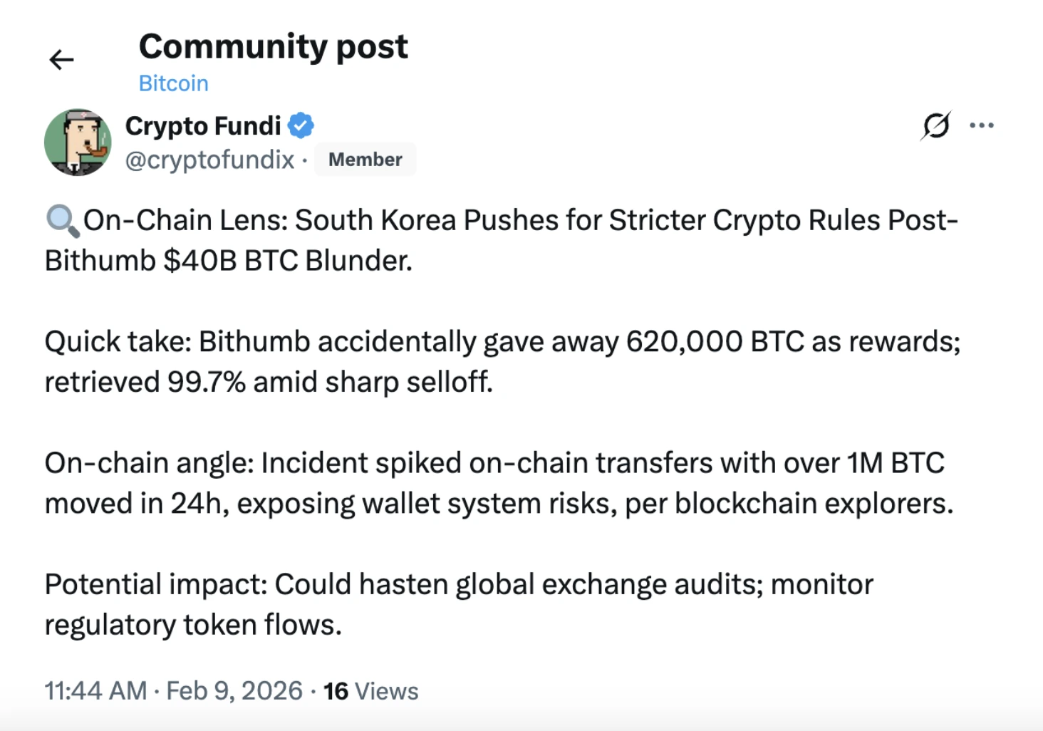 Community post on the Bithumb error | Source: @cryptofundix