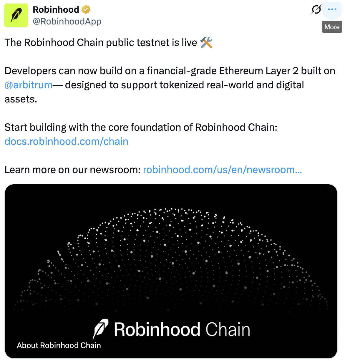 Robinhood Chain public testnet is live