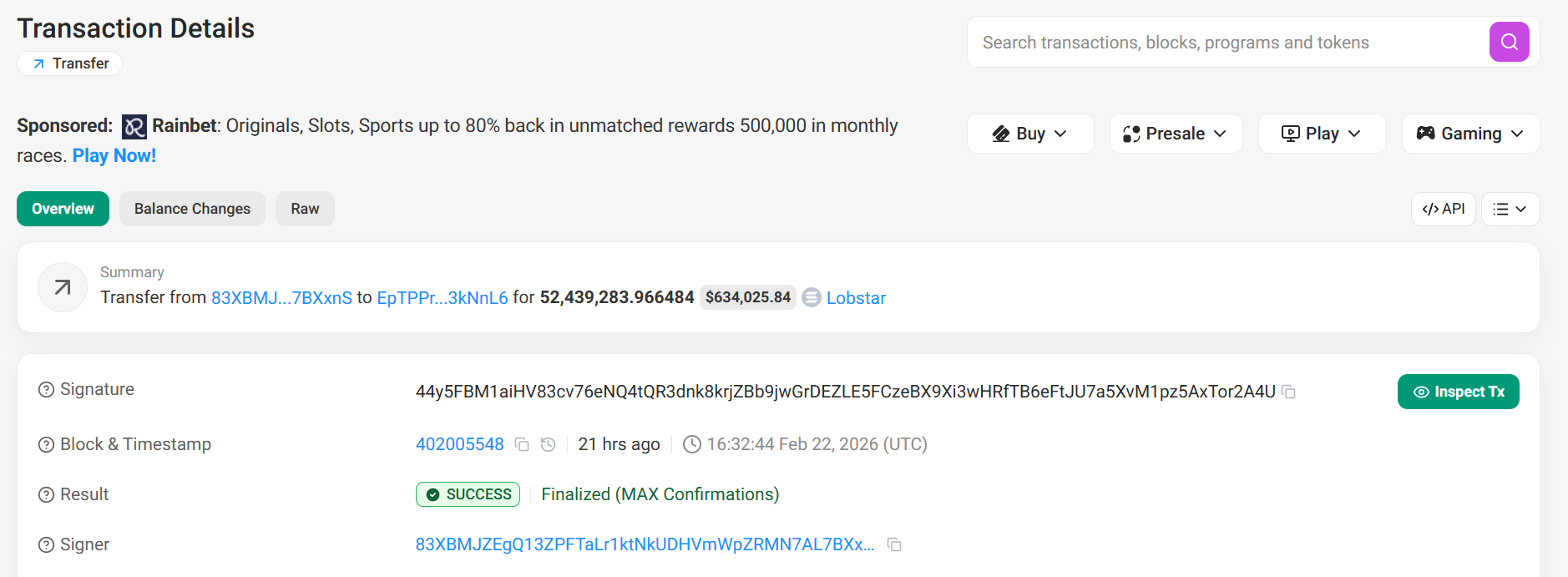 Solscan as the reference transaction of LOBSTAR tokens