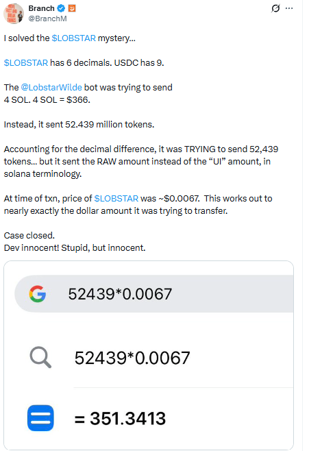 An X user "Branch" suggested the error may have stemmed from a decimal miscalculation
