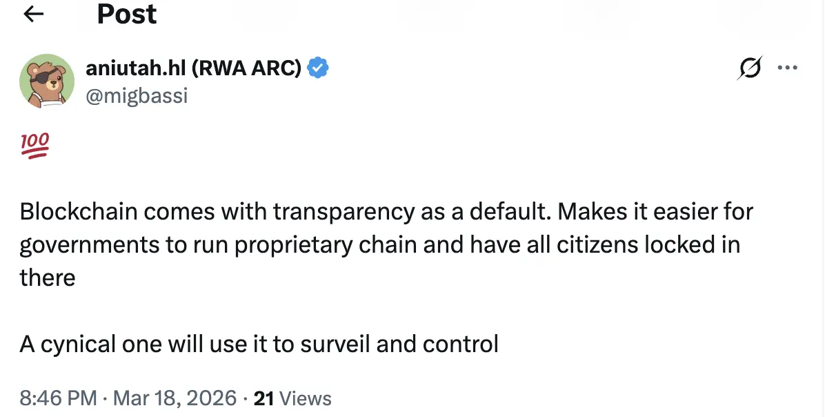 Comments on privacy , blockchains and governments | Source: X @migbassi
