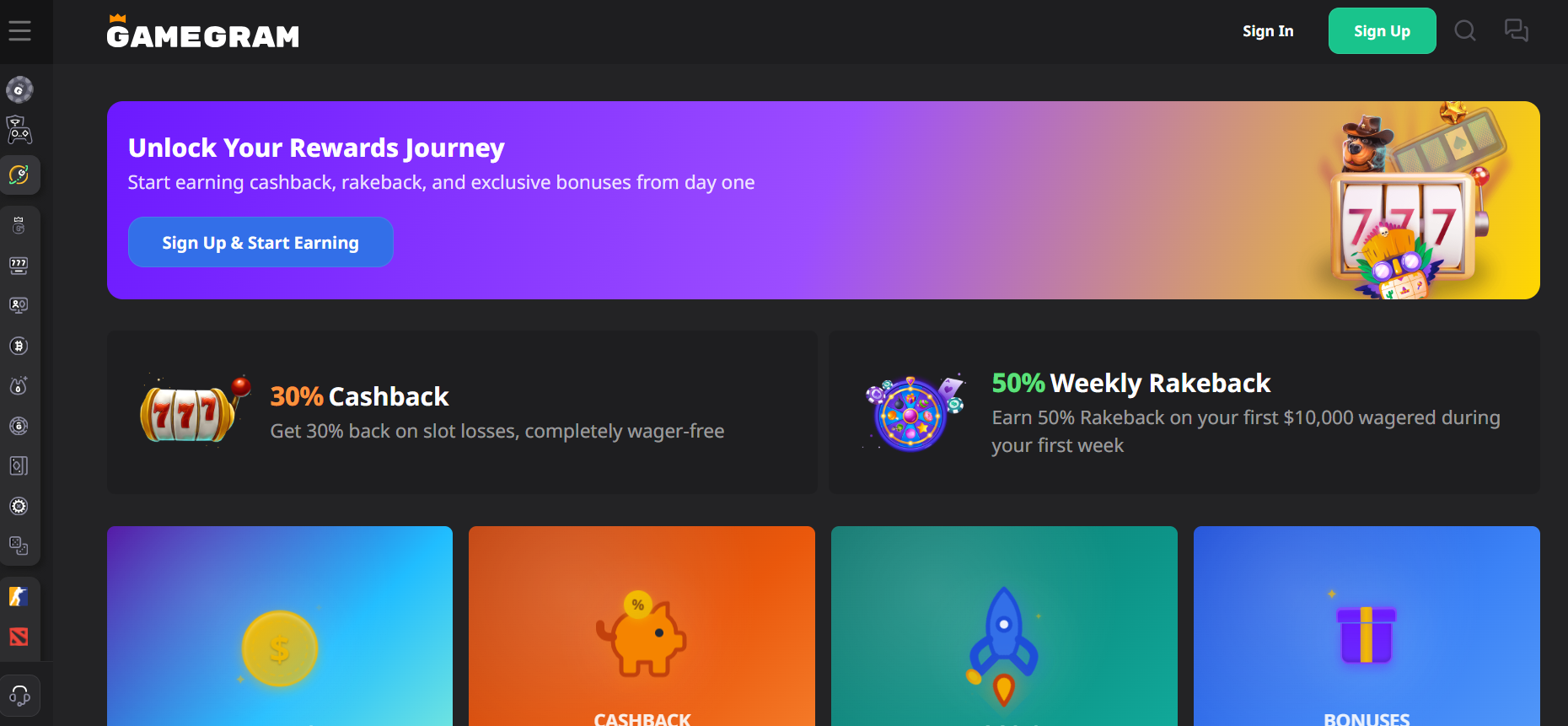 Gamegram casino homepage screenshot