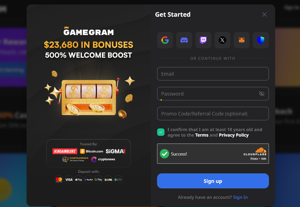 Gamegram review sign up form