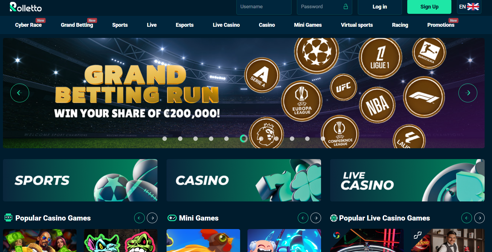 Screenshot of the Rolletto app homepage showing game lobby and navigation menu