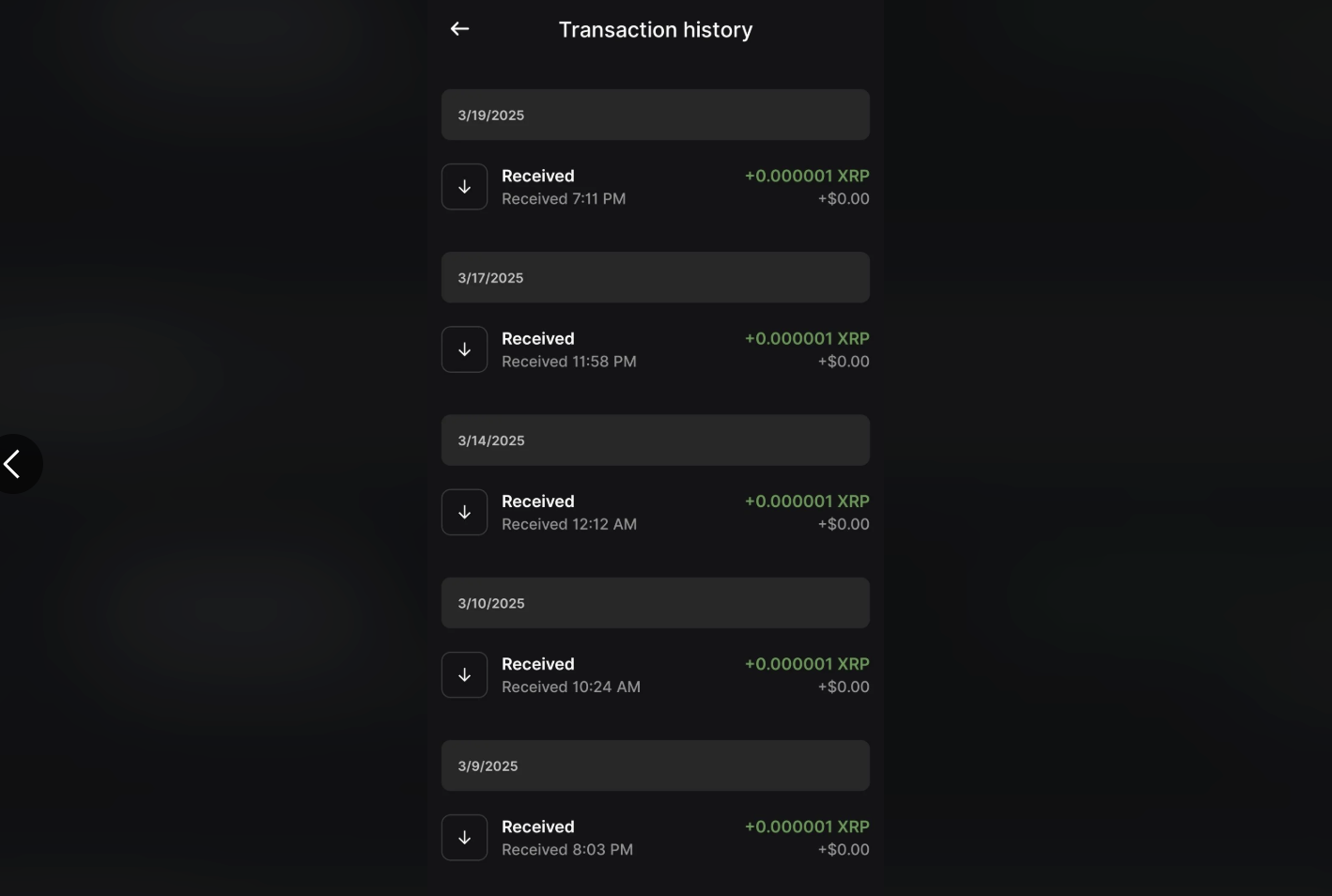 Example of poisoned transaction history filled with dust entries