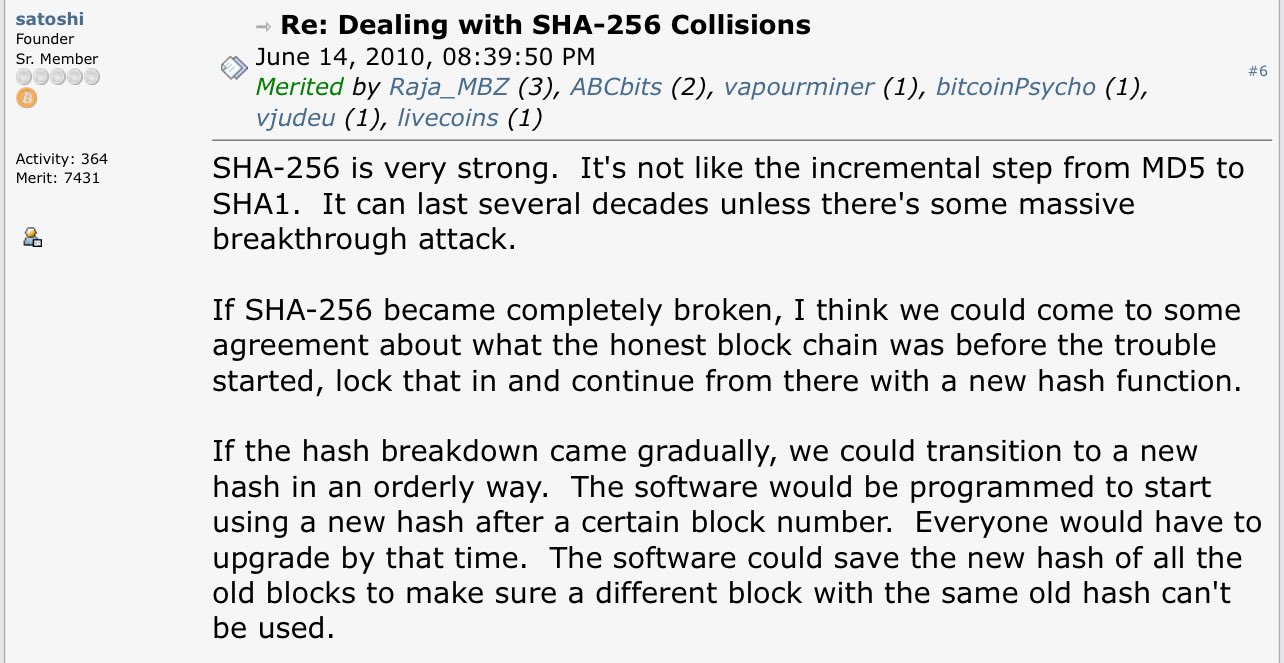 Satoshi Nakamoto on SHA-256 collisions