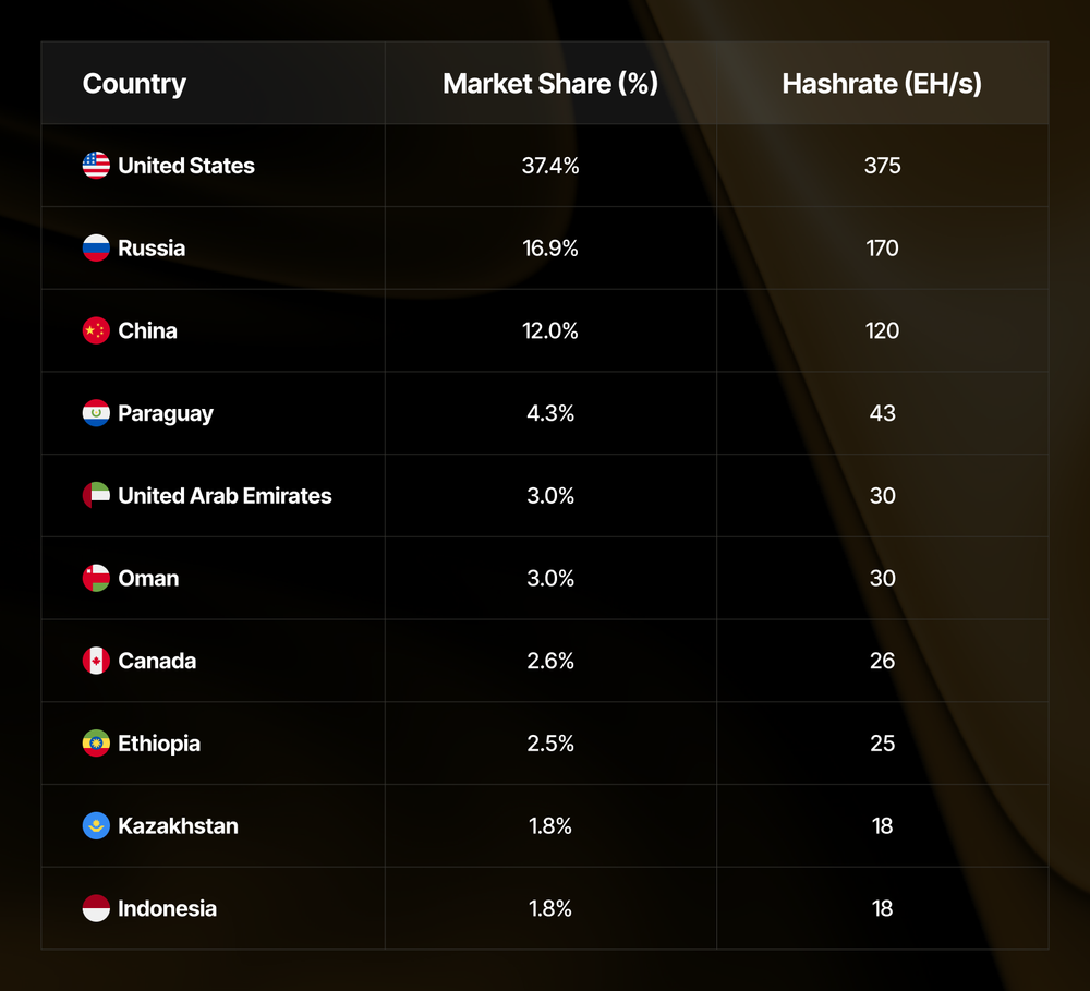 Top countries by hashrate share