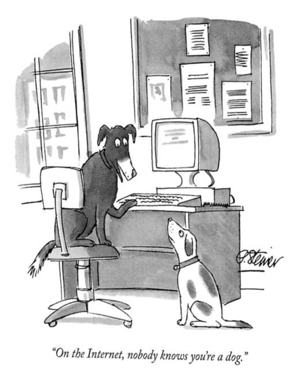 Published in 1993 by Peter Steiner, this New Yorker cartoon reflects the early internet’s anonymity. | Source: fineartamerica