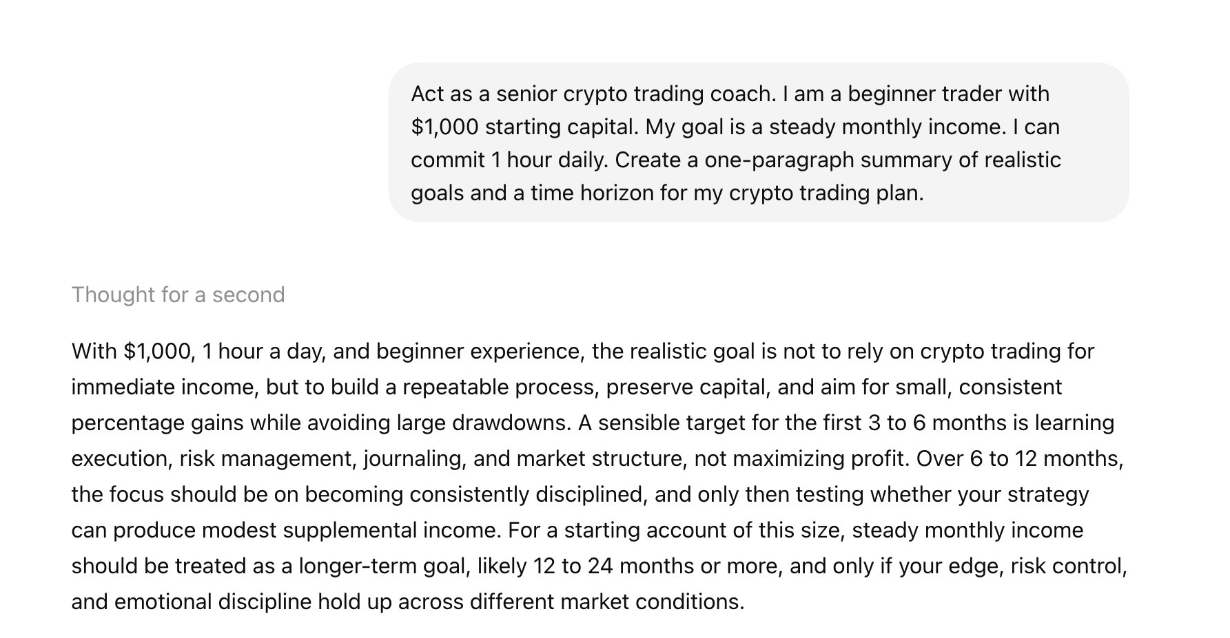 ChatGPT prompt example showing how to defining a crypto trading strategy