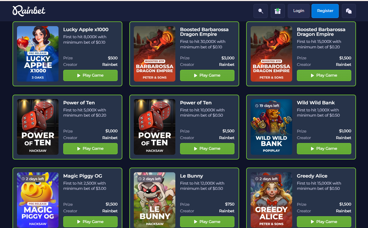 Rainbet review raffles and challenges screenshot