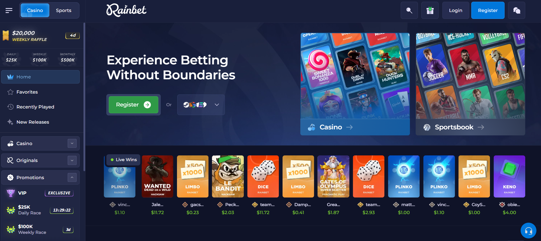 Rainbet review homepage screenshot