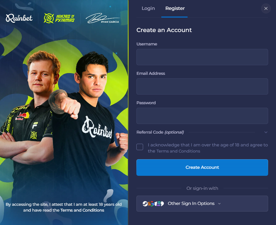 Rainbet review sign up form screenshot