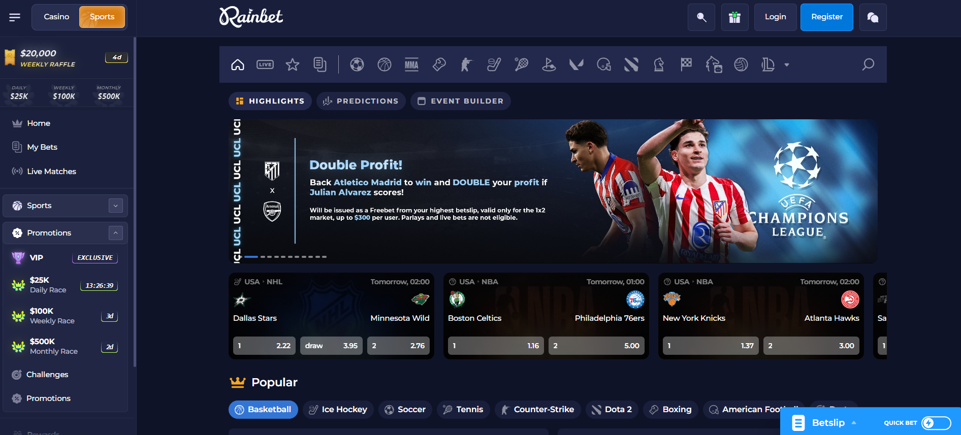 Rainbet review sportsbook screenshot