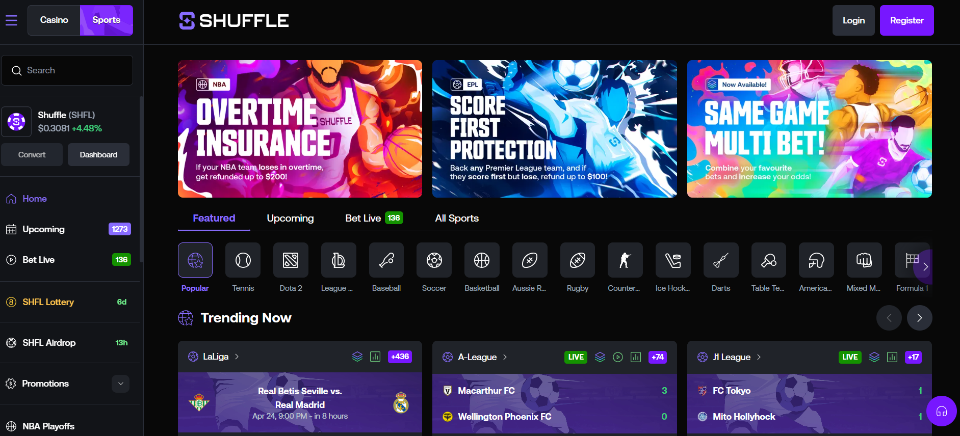 Shuffle review sportsbook screenshot