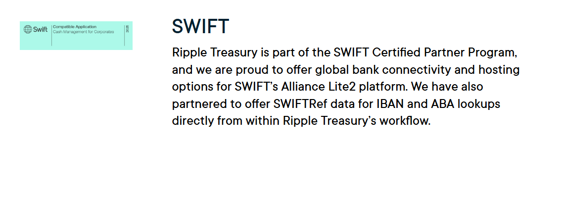 Ripple Treasury is part of the SWIFT Certified Partner Program