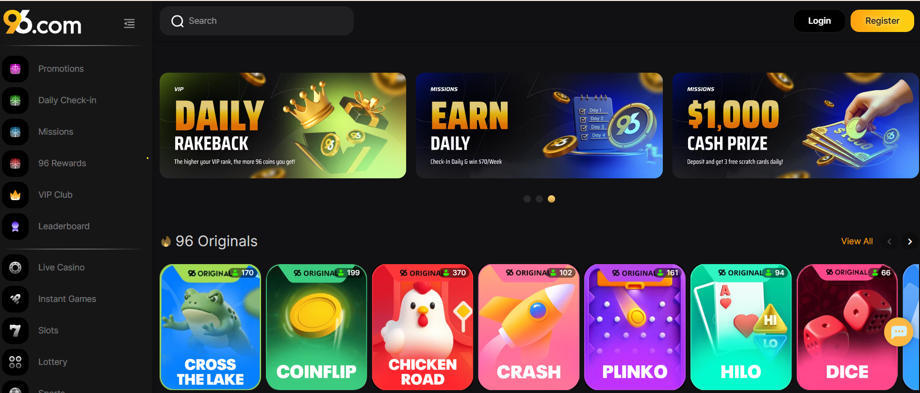 96.com Casino Homepage screenshot