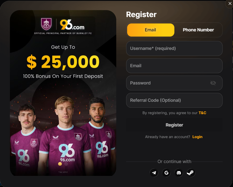 96.com casino review sign up form screenshot