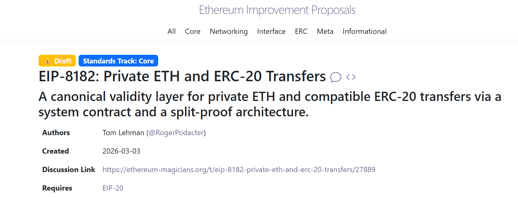 EIP-8182 introduces private ETH and ERC-20 transfers via a shielded-pool system contract.