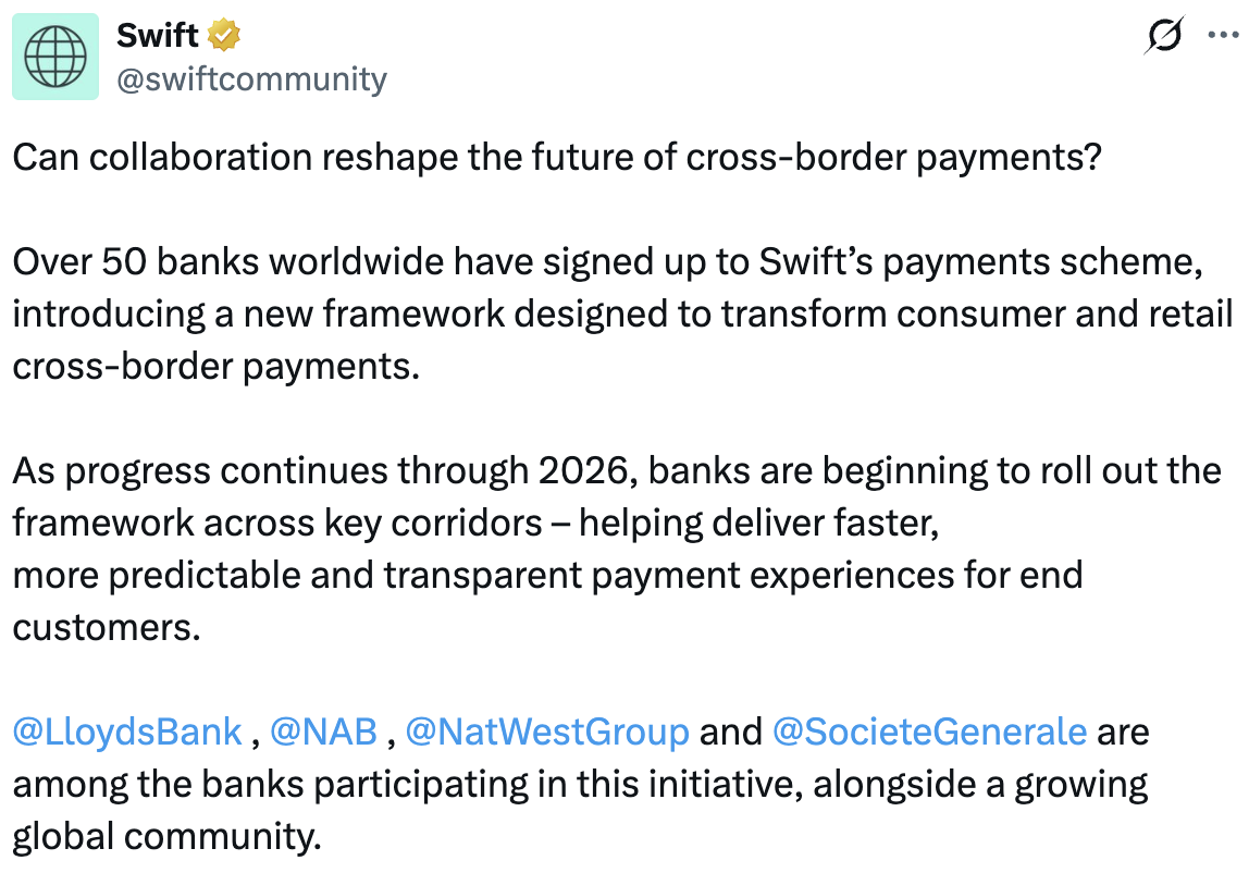 Over 50 banks joined SWIFT's new global payment scheme