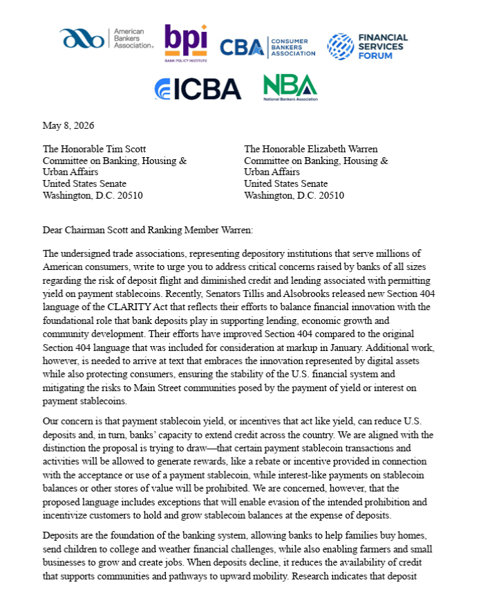 Banking groups warned the Senate that stablecoin yield could drain deposits and hurt lending.
