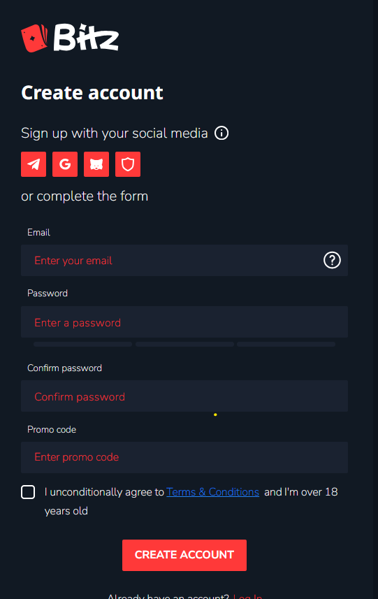 Bitz.io review sign up form screenshot