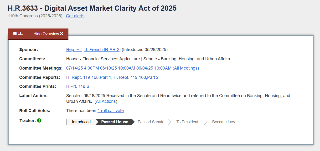 The CLARITY Act passed House in 2025.