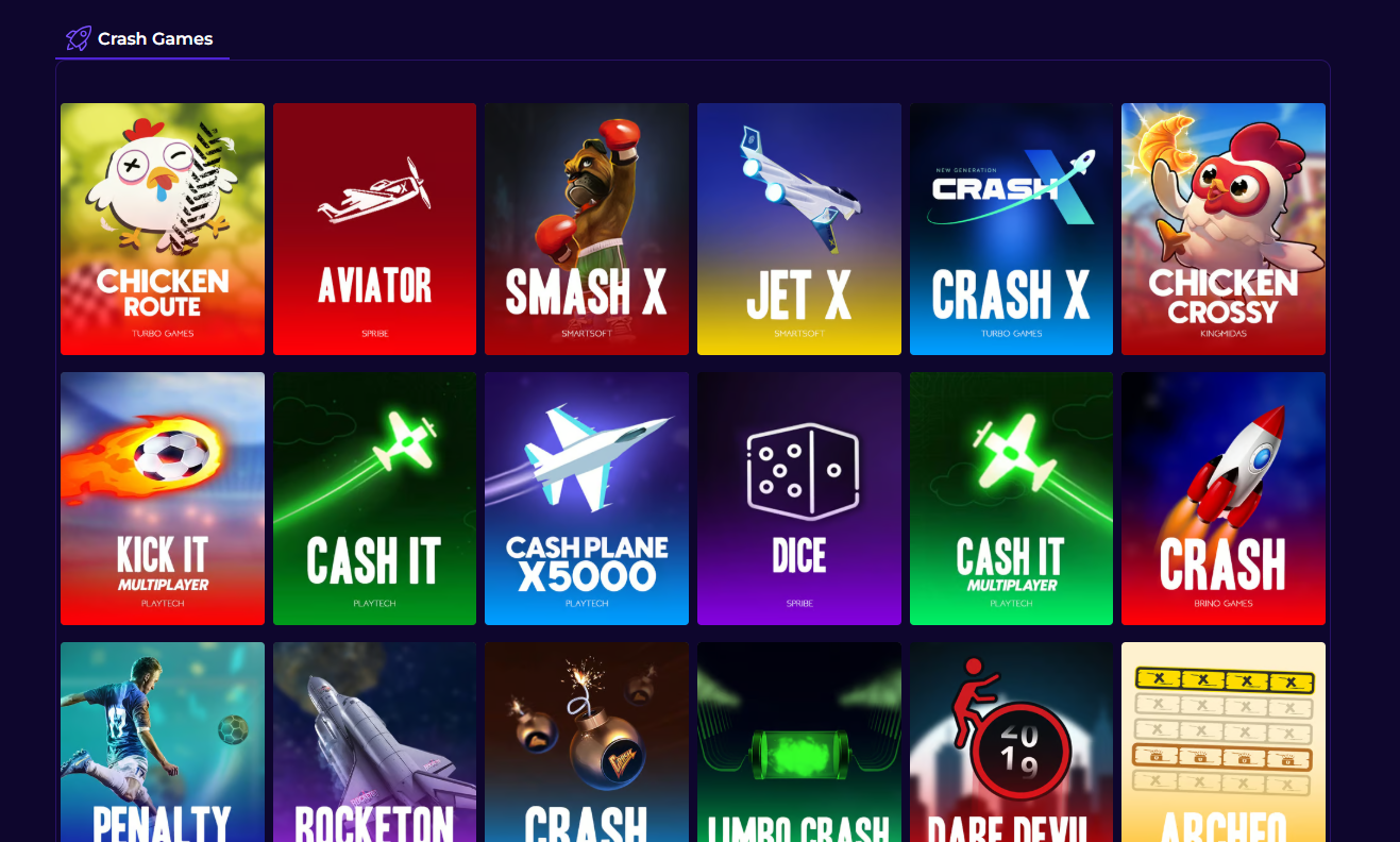 Crashino casino review crash games section screenshot