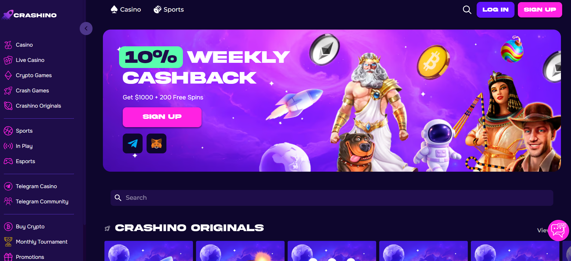Crashino casino review homepage screenshot