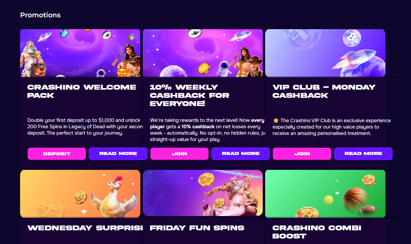 Crashino casino review promo section screenshot