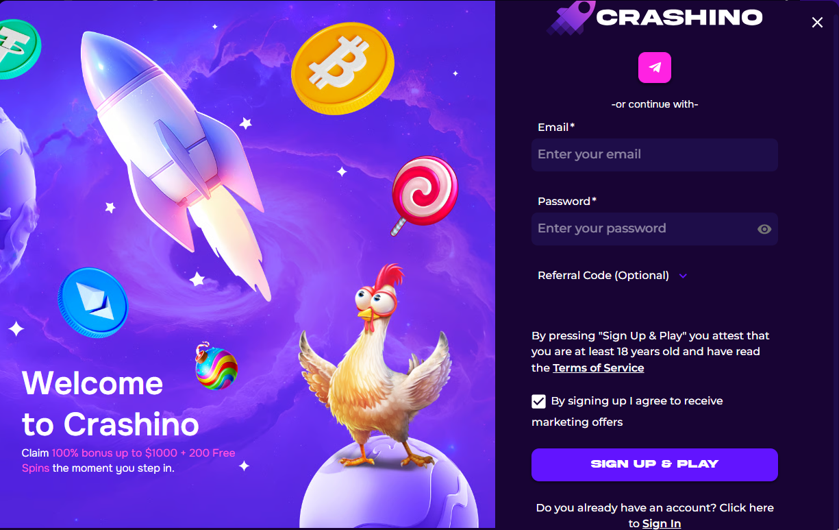 Crashino casino review sign up form screenshot