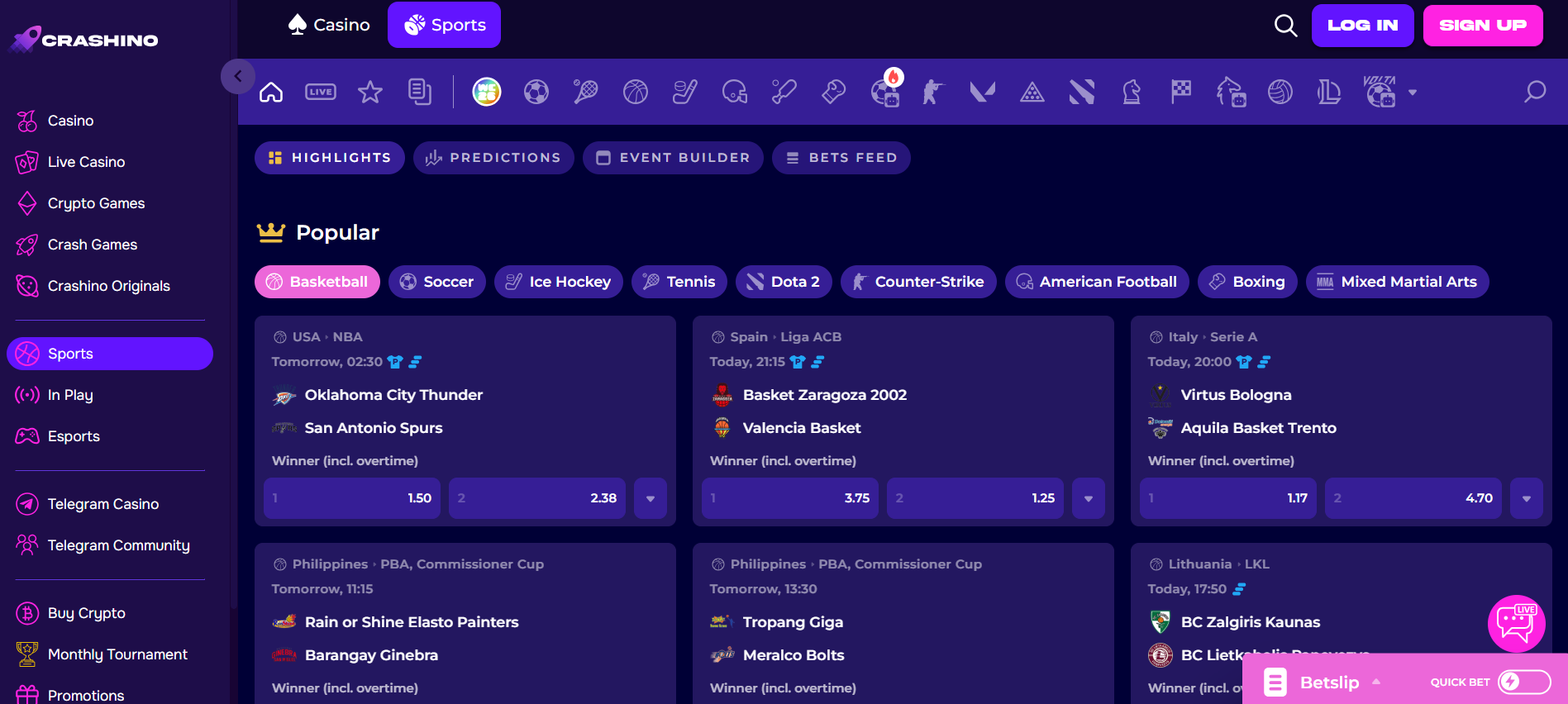 Crashino review sportsbook section screenshot